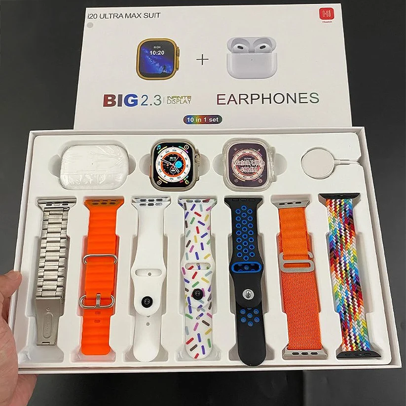 N2C 7 in 1 Combo Ultra Smart Watch with Earbuds For Men, Women & Kids i20 Ultra Smart Watch with 7 Multi Color Strap