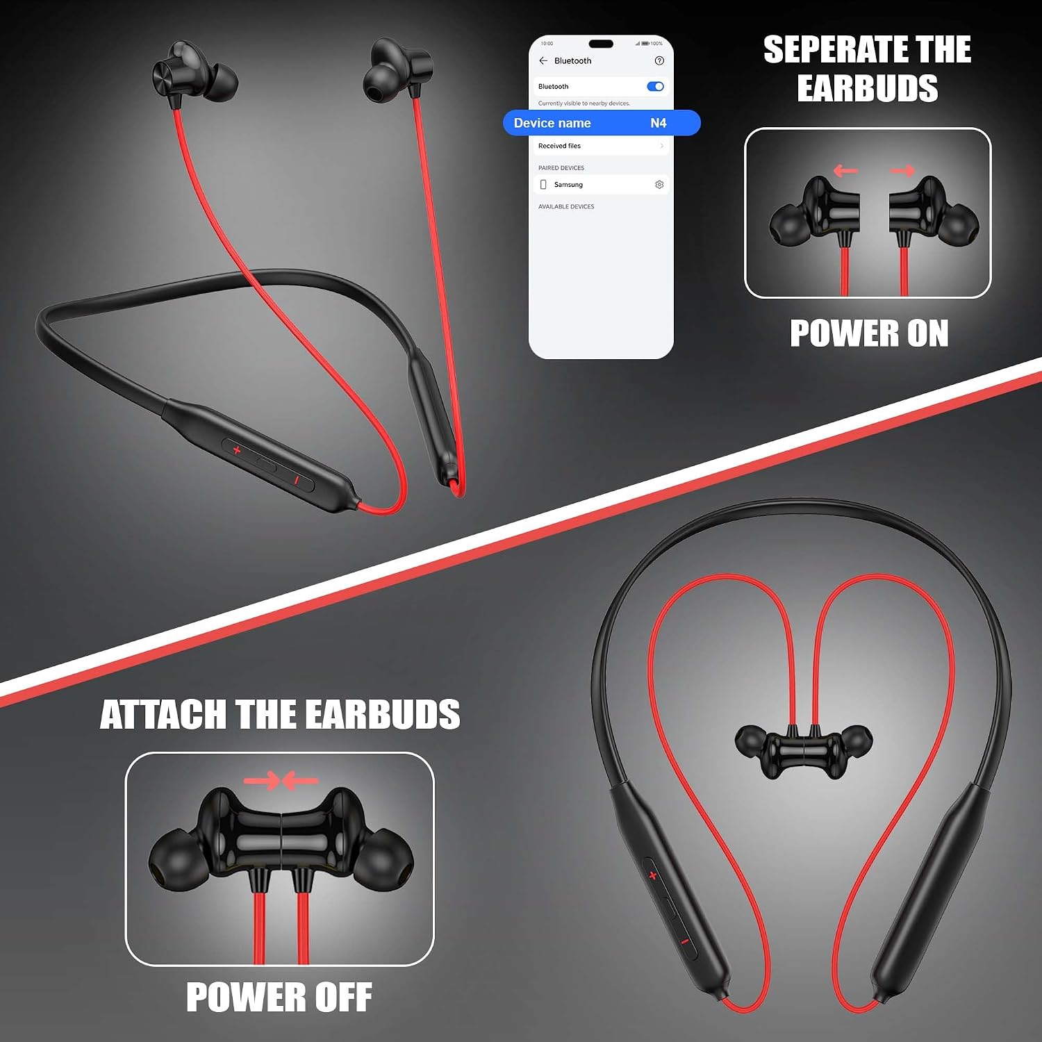 N2C Bluetooth Neckband with 52H Playtime, Deep Bass, Stereo Sound, HD Calls, Magnetic Earbuds